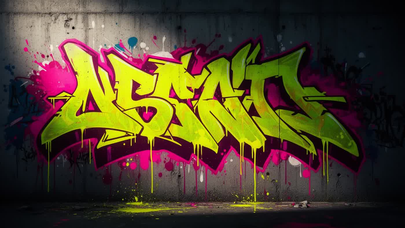 Graffiti néon jaune et magenta sur mur de béton brut, signature Animation Graffiti